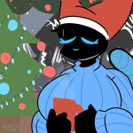 :3 anthro big_breasts black_body black_fur blue_clothing blue_sweater blue_tail_warmer blue_topwear breasts bust_portrait christmas christmas_clothing christmas_headwear christmas_lights christmas_tree clothed clothing digital_media_(artwork) domestic_cat eyelashes eyes_closed felid feline felis female fur furgonomics hat headgear headwear hi_res holding_mug holding_object holidays huge_breasts mammal mug nexart ornament plant portrait raised_tail santa_hat signature solo steam sweater tail tail_clothing tail_warmer three-quarter_view topwear tree unknown_character