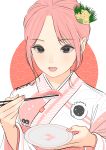  1girl absurdres bananafish1111 black_eyes chopsticks commentary flower food hair_flower hair_ornament highres japanese_clothes kimono onigiri open_mouth original pink_hair pink_lips pink_nails plate short_hair solo tuna 