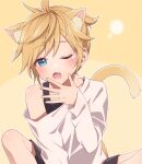  1boy animal_ears artist_name black_shorts blue_eyes cat_boy cat_ears cat_tail commentary_request extra_ears fang fingernails hand_up hinata_mizuiro kagamine_len kemonomimi_mode long_sleeves looking_at_viewer male_focus one_eye_closed open_mouth shirt short_hair shorts skin_fang solo tail vocaloid white_shirt yawning yellow_background 
