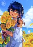  1girl :d absurdres ahoge bare_shoulders black_hair blue_hair blue_sky blush choker cloud dark-skinned_female dark_skin day dress falling_petals flower hair_ribbon highres holding holding_flower konbu_wakame looking_at_viewer motion_blur non-web_source ocean open_mouth original outdoors petals ribbon sara_(konbu_wakame) scan short_hair sky smile solo sunflower sunlight white_dress yellow_eyes yellow_flower 