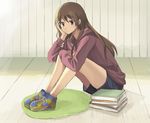  bad_id bad_pixiv_id book brown_hair chocho_(homelessfox) long_hair original shoes sitting sneakers solo 