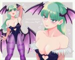  animal_print bat_print black_leotard breasts cleavage clothing_cutout collarbone commentary_request gradient_eyes green_eyes green_hair head_wings heart_cutout highres leotard long_hair morrigan_aensland multicolored_eyes open_mouth pantyhose purple_pantyhose skm_nnm smile strapless strapless_leotard twitter_username vampire_(game) wings 