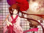  bamboo blush brown_hair cherry_blossoms copyright_request double_bun flat_chest flower hanbok korean_clothes long_hair messiah_cage moon night oriental_umbrella paper parasol ribbon sky solo standing tree umbrella yellow_eyes 