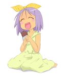  :d ^_^ barefoot blush_stickers bow chocolate chocolate_bar closed_eyes dress eating food full_body hair_bow happy hiiragi_tsukasa lucky_star okera open_mouth simple_background smile solo sundress white_background yellow_bow 