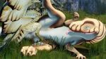 animal_genitalia bodily_fluids capcom claws dinosaur duo female feral feral_on_feral field_background flying_wyvern foot_on_leg foot_on_thigh genital_fluids genitals grass hi_res larger_female larger_penetrated laying_on_ground legiana looking_at_another looking_at_partner looking_pleasured lying male male/female membrane_(anatomy) membranous_wings monster_hunter on_side outside outside_sex penetration penile penile_penetration penis penis_in_pussy plant pussy reptile scalie sex size_difference smaller_male spread_legs spread_wings spreading theropod toe_claws tyrannosaurid vaginal vaginal_fluids vaginal_penetration void_dragon216 whiteperson wings