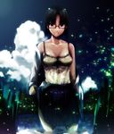 bad_id bad_pixiv_id bare_shoulders black_eyes black_hair camisole cloud copyright_request day glasses hair_ornament hairclip puyo school_uniform short_hair skirt skirt_lift sky solo undressing wading water 