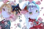  2girls blonde_hair bow_hairband flower glasses green_eyes grey_hair hair_ornament hair_over_one_eye hairband heaven_burns_red highres izumi_yuki_(heaven_burns_red) kayamori_ruka long_hair looking_at_viewer match_neco multiple_girls red_eyes ribbon rose round_eyewear short_hair 