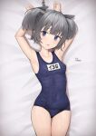  1girl armpits arms_up blue_one-piece_swimsuit bound bound_wrists breasts chain covered_navel cowboy_shot driftkingtw grey_eyes grey_hair headgear highres i-36_(kancolle) kantai_collection looking_at_viewer lying name_tag old_school_swimsuit one-piece_swimsuit restrained school_swimsuit short_hair small_breasts solo swimsuit thigh_gap twintails 