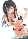  1girl ;d absurdres asashio_(kancolle) bikini black_hair blue_bikini blue_eyes blush breasts collarbone hair_between_eyes hands_up highres kantai_collection long_hair looking_at_viewer micro_bikini mtu_(orewamuzituda) navel non-web_source one_eye_closed open_mouth page_number scan side-tie_bikini_bottom sideboob simple_background small_breasts smile solo swimsuit wading water water_drop wet white_background 