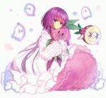  1girl closed_mouth dress food frilled_dress frills ghost hakusai_(tiahszld) highres holding long_hair long_sleeves looking_at_viewer original purple_eyes purple_hair simple_background solo stuffed_toy tearing_up white_background white_dress 