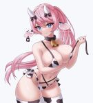  1girl animal_ear_fluff animal_ears animal_print arm_under_breasts artist_logo artist_name bell bikini black_bow black_collar blue_eyes bow breasts cleavage closed_mouth collar collarbone cow_ears cow_girl cow_horns cow_print cowbell ear_tag fang highleg highleg_bikini highres horn_bow horn_ornament horns large_breasts long_hair miiikaccino navel neck_bell o-ring o-ring_bikini original pink_hair ponytail side-tie_bikini_bottom solo swimsuit two-tone_bikini two-tone_thighhighs 