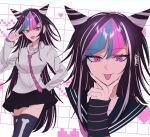  1girl :d alternate_costume black_sailor_collar black_skirt black_thighhighs collared_shirt danganronpa_(series) danganronpa_2:_goodbye_despair fang grey_shirt hair_horns hand_up heart highres horns long_sleeves miniskirt mioda_ibuki multiple_views necktie pink_eyes pink_horns pink_necktie pleated_skirt sailor_collar shimotsuki_niko shirt skirt smile thighhighs tongue tongue_out v white_background white_horns 