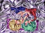  alice_margatroid bed blonde_hair blue_eyes couple eye_contact from_above ginipi green_hair holding_hands interlocked_fingers kazami_yuuka looking_at_another multiple_girls purple_eyes short_hair touhou upside-down vest yuri 