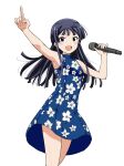  1girl armpits arms_up bare_legs bare_shoulders black_hair blue_dress blue_eyes blush cowboy_shot dot_nose dress floral_print floral_print_dress highres holding holding_microphone idolmaster idolmaster_million_live! idolmaster_million_live!_theater_days long_hair matcha_kingyo microphone mogami_shizuka official_alternate_costume open_mouth parted_bangs pointing pointing_up print_dress simple_background sleeveless sleeveless_dress smile solo white_background 