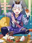  1girl animal_ears barley_tea bow breasts brown_footwear brown_headwear cake closed_eyes couch dated ear_bow facing_viewer fang food fork gold_ship_(umamusume) grey_hair happy_birthday highres horse_ears horse_girl horse_tail koppe_koppe large_breasts long_hair long_sleeves on_couch open_mouth pillbox_hat plate pleated_skirt purple_bow purple_serafuku purple_shirt purple_skirt purple_thighhighs sailor_collar school_uniform serafuku shirt sitting skirt smile solo sparkle strawberry_shortcake tail thighhighs tracen_school_uniform umamusume white_bow winter_uniform 