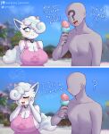 2024 absurd_res alolan_form alolan_vulpix anon anthro artist_name bell bell_collar big_breasts blurred_background blush breasts clothing collar dessert dialogue digital_media_(artwork) duo english_text eyebrows eyelashes eyes_closed female fingers food gammainks hair hair_over_eye heart_symbol hi_res holding_food holding_object ice_cream male nintendo one_eye_obstructed outside pokemon pokemon_(species) regional_form_(pokemon) smile text thought_bubble