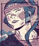  ! 1boy bandaid bandaid_on_face blue_hair commentary_request denjirou_(one_piece) english_text headband high_ponytail highres injury larugo0513 long_hair long_sideburns male_focus one_piece ponytail sideburns solo teeth 