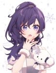  1girl :o asahina_mafuyu blush cogimyun commentary_request covering_own_mouth dress earrings fur_cuffs hinata_mizuiro jewelry looking_at_viewer ponytail project_sekai purple_eyes purple_hair sanrio short_sleeves snowflake_earrings snowflakes solo sparkle surprised upper_body white_background white_dress 