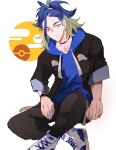  1boy adaman_(pokemon) adaman_(special_costume)_(pokemon) blue_hair blue_hoodie brown_eyes collarbone delta_(hainesan55) eyebrow_cut highres hood hoodie looking_at_viewer male_focus multicolored_hair official_alternate_costume pokemon pokemon_masters_ex solo two-tone_hair white_footwear 