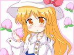  blonde_hair eating food fruit fruit_background geetsu holding holding_food holding_fruit oekaki orange_eyes peach solo touhou watatsuki_no_toyohime yellow_eyes 