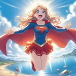  ai-generated beach blonde_hair blue_eyes cape cloud dc_comics earrings jewelry mountainous_horizon red_cape red_footwear red_skirt skirt smile sun sunlight supergirl 