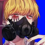  1boy artist_name bbzico1267 blonde_hair blue_background commentary_request covered_mouth donquixote_rocinante eyelashes facepaint gas_mask heart hood hood_up male_focus mask one_piece red_eyes short_hair signature simple_background solo 