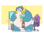 2024 anthro belly big_belly blue_body cellphone chair chips_(disambiguation) clothing computer electronics eyes_closed furniture generation_1_pokemon ginsingoo1 headphones kemono male nintendo overweight overweight_male phone pokemon pokemon_(species) smartphone snorlax solo underwear