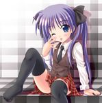  blue_eyes hiiragi_kagami long_hair lucky_star noritama_(gozen) one_eye_closed plaid plaid_skirt purple_hair skirt solo thighhighs tongue 