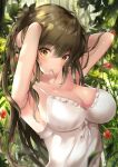  1girl adjusting_hair ahoge armpits arms_behind_head arms_up bare_shoulders blurry breasts brown_hair cleavage collarbone dappled_sunlight flower frilled_shirt frills grass hair_between_eyes hair_over_shoulder hair_tie_in_mouth highres large_breasts light_blush long_hair looking_at_viewer messy_hair mouth_hold nature original outdoors red_flower shirt sleeveless sleeveless_shirt spaghetti_strap sunlight tree tying_hair upper_body white_shirt yellow_eyes yutoriko_(candy0905) 