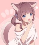  1girl animal_ears arm_support artist_name blue_eyes blush breasts brown_hair commentary_request extra_ears hand_up hinata_mizuiro kemonomimi_mode large_breasts looking_at_viewer mochizuki_honami off_shoulder open_mouth pink_background project_sekai scrunchie shirt short_ponytail side_ponytail solo t-shirt tail tearing_up upper_body white_shirt yawning 