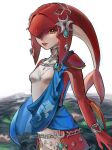  1girl breasts colored_skin cowboy_shot fish_girl hair_ornament heart highres jewelry long_hair mia_ru1228 mipha monster_girl necklace orange_eyes red_hair red_skin small_breasts smile solo teeth the_legend_of_zelda the_legend_of_zelda:_breath_of_the_wild wading water white_background zora 