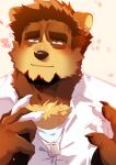 2022 absurd_res alexei_zoloto anthro bear black_hair blush booboo34 brown_bear brown_body brown_fur chest_tuft claws clothing collared_shirt comic dog_tags facial_hair finger_claws first_person_view flower fur goatee hair hand_holding hi_res looking_at_viewer male male/male mammal muscular muscular_anthro muscular_male pawpads plant shirt smile solo topwear tuft ursine warm_lighting white_body white_clothing white_fur white_shirt white_topwear yellow_eyes