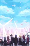  4boys 4girls absurdres aegis_(persona) amada_ken baseball_cap belt black_pants black_skirt blonde_hair blue_hair blue_sky brown_hair cloud commentary_request dog falling_petals gekkoukan_high_school_uniform grey_hair hat highres iori_junpei kirijou_mitsuru koromaru_(persona) long_hair multiple_boys multiple_girls outdoors pants persona persona_3 petals pleated_skirt red_hair sanada_akihiko school_uniform sevenreii short_hair skirt sky takeba_yukari wind_turbine yuuki_makoto_(persona_3) 