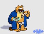 anthro barefoot bathrobe blue_bathrobe blue_clothing blue_robe briefs brown_eyes clothed clothing domestic_cat eating facial_hair feet felid feline felis food foxmanad fur garfield_(series) grey_background male mammal mature_male monotone_briefs monotone_clothing monotone_underwear mustache open_clothing open_mouth open_robe orange_body orange_fur pink_nose pizza robe shadow signature simple_background solo tighty_whities underwear white_briefs white_clothing white_underwear y-fronts yellow_body yellow_fur