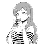  1girl animal_print black_cat breasts breath cat cat_print collarbone dot_nose eating expressionless eyelashes food highres holding holding_food idolmaster idolmaster_million_live! idolmaster_million_live!_theater_days kitazawa_shiho large_breasts long_hair matcha_kingyo parted_bangs shirt short_sleeves sidelocks simple_background solo striped_clothes striped_shirt upper_body wavy_hair white_background 