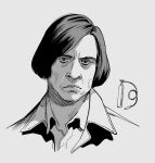  1boy anton_chigurh close-up closed_mouth collared_shirt frown greyscale hiro_(chumo) jacket looking_ahead looking_at_viewer male_focus monochrome no_country_for_old_men portrait shirt short_hair solo straight_hair 