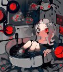  1girl agent_8_(splatoon) bathtub closed_mouth collarbone commentary_request constricted_pupils drizzling_cappriccioso fish fish_skeleton gradient_hair grey_hair highres homing_arpeggio indoors jelleton li04r medium_hair multicolored_hair octoling octoling_girl octoling_player_character red_eyes red_hair spawning_accordo splatoon_(series) splatoon_3 splatoon_3:_side_order swarming_languendo tentacle_hair two-tone_hair window 