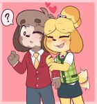 absurd_res animal_crossing anthro blush canid canine canis clothed clothing digby_(animal_crossing) domestic_dog female freckles heart_symbol hi_res holding_arm isabelle_(animal_crossing) male male/female mammal necktie nintendo porldraws question_mark shih_tzu simple_background solo speech_bubble tail tail_motion tailwag toy_dog