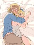 1boy 1girl aorin_(riley17_a) artist_name bare_arms bare_shoulders bed blush braid brown_hair brown_pants crown_braid dress ear_blush earrings from_above grey_dress highres holding_hands jewelry link lying on_side pants pillow ponytail princess_zelda sleeping spooning the_legend_of_zelda the_legend_of_zelda:_tears_of_the_kingdom wide-eyed 
