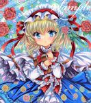 1girl alice_margatroid blonde_hair blue_background blue_dress blue_eyes blue_flower blue_rose blush book cape dress floral_background flower frilled_hairband frilled_ribbon frilled_sleeves frills green_ribbon hairband holding holding_book lolita_hairband long_sleeves looking_at_viewer marker_(medium) parted_lips red_flower red_hairband red_ribbon red_rose ribbon rose rui_(sugar3) sample_watermark solo touhou traditional_media upper_body watermark white_cape 