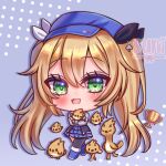  1girl :d animal blonde_hair blue_headwear blush chibi chibi_only dokibird_(vtuber) dragoon_(dokibird) green_eyes hair_between_eyes highres holding holding_animal indie_virtual_youtuber light_blue_background long_hair looking_at_viewer smile solo su_niii trophy twintails very_long_hair walking 