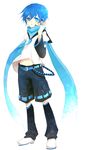  blue_eyes blue_hair blue_scarf kaito male_focus microphone naru_(pixiv117090) necktie scarf solo vocaloid younger 