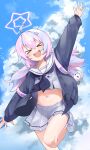  &gt;_&lt; 1girl :d absurdres ahoge arm_up backpack bag bare_legs blue_archive blue_cardigan blue_hair blue_sky cardigan cloud cropped_shirt cumulonimbus_cloud eutsae7488 grey_serafuku halo highres long_sleeves multicolored_hair navel outdoors pink_hair reisa_(blue_archive) school_uniform serafuku sky smile solo standing standing_on_one_leg stomach twintails two-tone_hair xd 