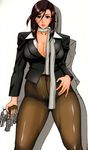  breasts brown_eyes brown_hair cleavage crotch_seam earrings formal gun handgun highres jewelry large_breasts lipstick makeup pantyhose revolver scarf short_hair solo standing suit weapon 