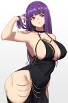  1girl alternate_costume black_dress breasts cleavage clothes_lift covering_navel dress fern_(sousou_no_frieren) hands_in_hair highres hip_vent in_the_dress_(meme) large_breasts long_hair meme meme_attire modakawa_dress open_clothes open_dress pelvic_curtain pelvic_curtain_lift purple_eyes purple_hair sleeveless sleeveless_dress solo sousou_no_frieren wide_hips 