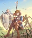  1girl 2boys absurdres armor belt blue_eyes blue_sky boots bow_(weapon) brown_bag brown_footwear brown_hair chainmail character_request chloe_(unicorn_overlord) closed_mouth commentary_request haccan highres holding holding_bow_(weapon) holding_polearm holding_weapon medium_hair multiple_boys on_grass outdoors parted_lips polearm shield short_hair sitting sky spear sunlight thigh_boots unicorn_overlord weapon 