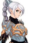  1girl armor artist_name baldur&#039;s_gate baldur&#039;s_gate_3 breastplate dungeons_&amp;_dragons green_eyes grey_hair highres long_hair multi-tied_hair official_alternate_hair_color pointy_ears scar scar_on_face scar_on_nose shadowheart_(baldur&#039;s_gate) shoulder_plates simple_background smgold solo upper_body white_background 