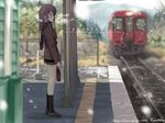  bag blazer brown_eyes brown_hair christmas ground_vehicle jacket kantoku long_hair non-web_source plaid plaid_scarf railroad_tracks sakura_musubi scarf school_uniform sera_karen skirt snowing socks solo train train_station translated 