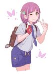  1girl ;) backpack bag brown_eyes closed_mouth collared_shirt gloves highres hinoyama_kou lacey_(pokemon) looking_at_viewer naranja_academy_school_uniform necktie one_eye_closed partially_fingerless_gloves pink_hair pokemon pokemon_sv purple_necktie purple_shorts red_gloves school_uniform shirt short_hair short_sleeves shorts single_glove smile solo v white_background white_shirt 