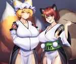  2girls animal_ears arms_under_breasts blonde_hair breasts brown_eyes brown_hair brown_tail cleavage collarbone cowboy_shot detached_sleeves fox_tail futatsuiwa_mamizou glasses green_sash grey_background groin hair_ornament hands_in_opposite_sleeves hat highres holding holding_smoking_pipe japanese_clothes kimono kourindou_tengu_costume large_breasts leaf_hair_ornament long_sleeves mob_cap multiple_girls no_panties ofuda ofuda_on_clothes open_mouth pelvic_curtain raccoon_ears raccoon_girl raccoon_tail round_eyewear sash sideboob simple_background smoking_pipe tail tarmo tassel touhou white_headwear white_kimono white_sleeves wide_sleeves yakumo_ran yellow_eyes yellow_tail 